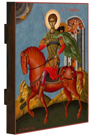 Icon of St Demetrios on horseback in blue background (20 cm x 25 cm)