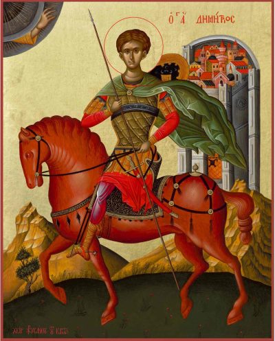 Icon of St Demetrios on horseback in gold leaf background (14 cm x 17 cm)
